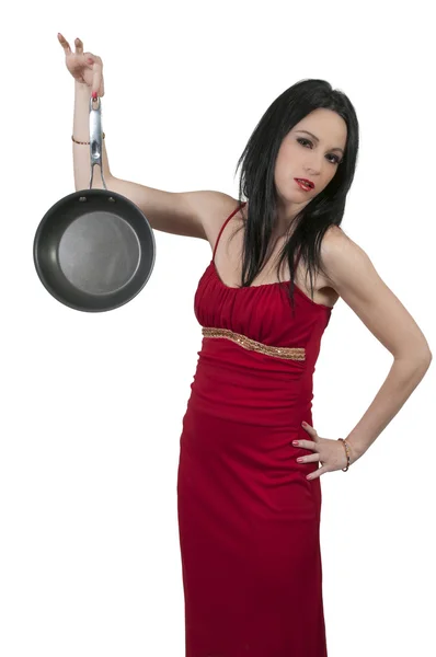 Жінка тримає сковороду. — стокове фото