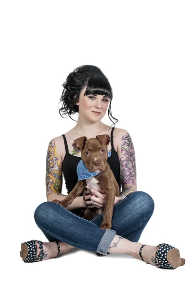 Beautiful Woman and Pit Bull Puppy — Stock Photo, Image