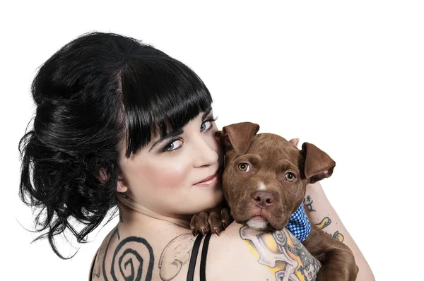 Beautiful Woman and Pit Bull Puppy — Stock Photo, Image