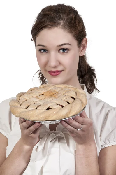 Žena s koláčem — Stock fotografie