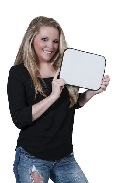 Mujer sosteniendo un signo en blanco — Foto de Stock