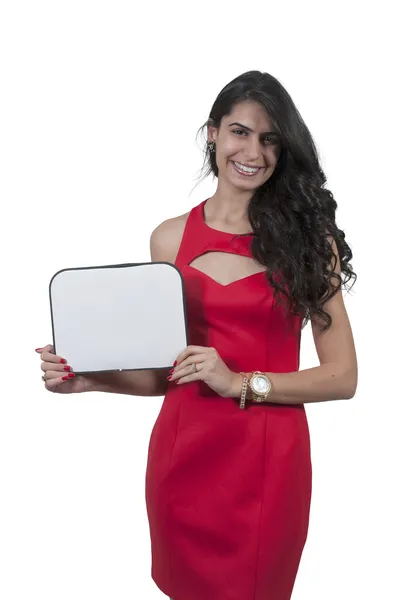 Mujer sosteniendo un signo en blanco — Foto de Stock