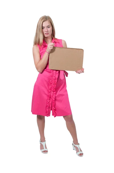 Mujer sosteniendo un signo en blanco — Foto de Stock