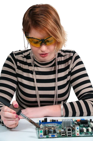 Woman soldering — Stock Photo, Image