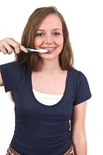 Beautiful Teenage Woman Brushing Teeth — Stock Photo, Image