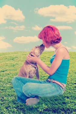 красива жінка і пітбуль змішати собака