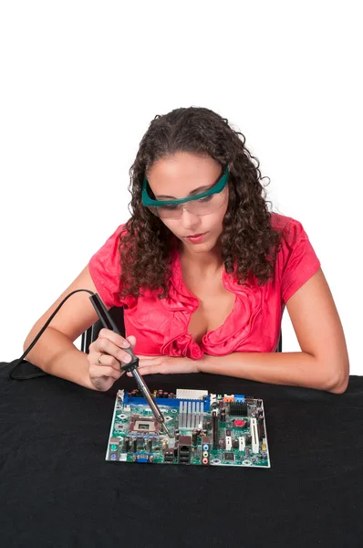 Woman soldering — Stock Photo, Image
