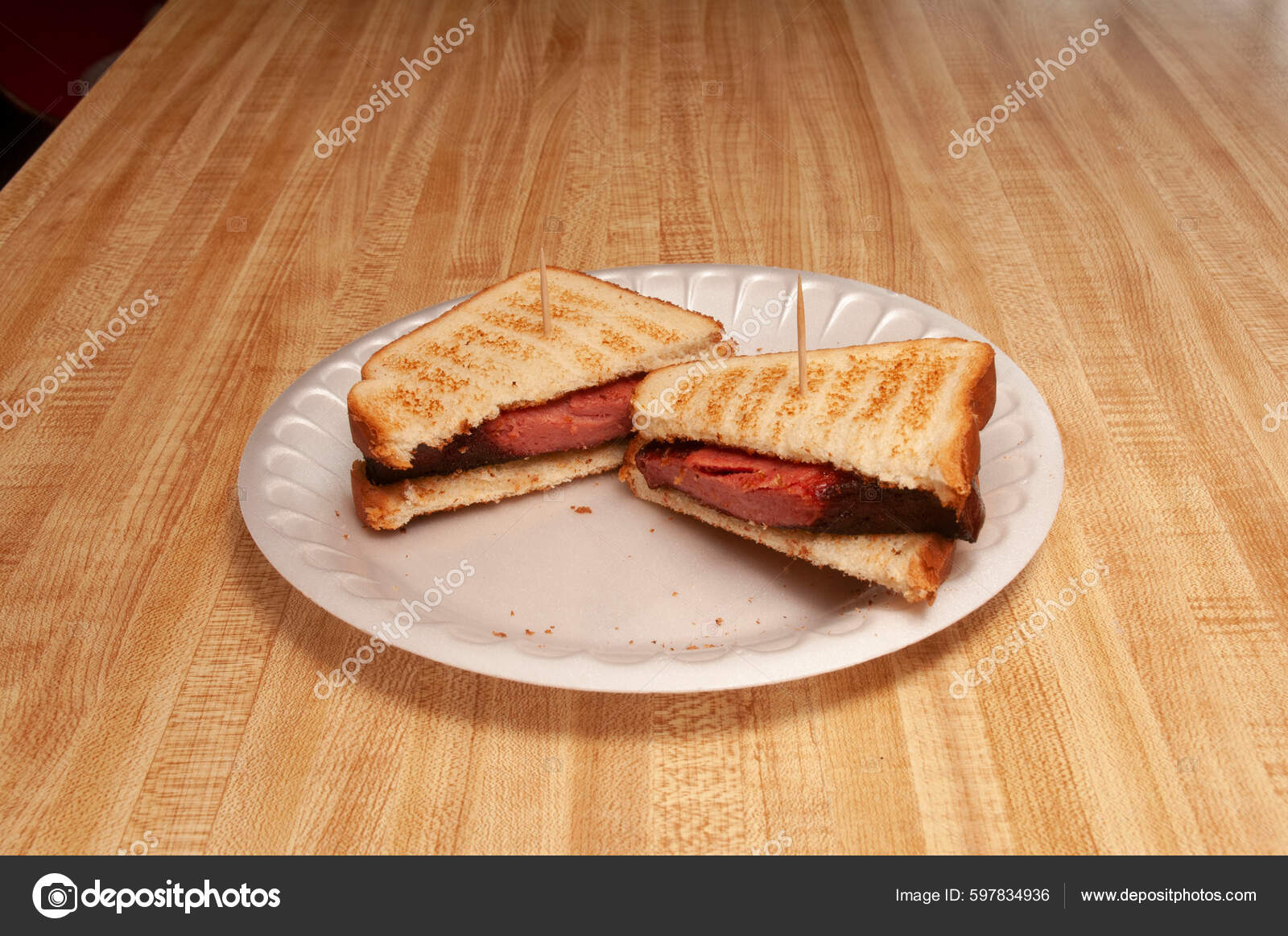 Delicious Traditional Thick Cut Bologna Sandwich Stock Photo by