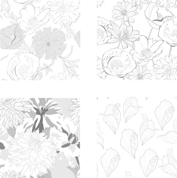 Conjunto de patrón sin costuras con hermosas flores — Archivo Imágenes Vectoriales