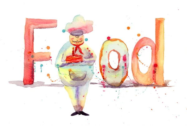 Illustration aquarelle de la nourriture inscription avec chef — Photo