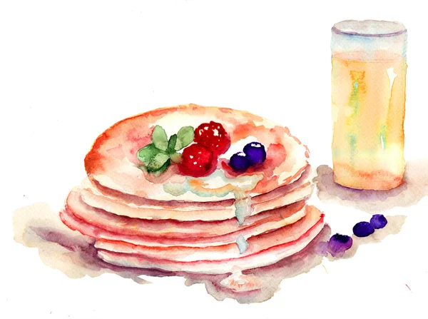 新鮮なベリー ジュースとパンケーキのスタック — ストック写真