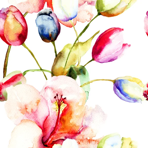 Aquarelle de tulipes et fleurs de lys — Photo