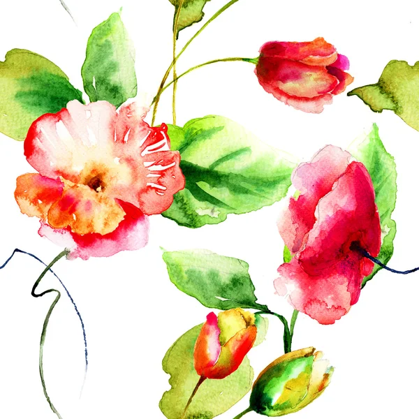 Fondo de pantalla sin costuras con flores de amapola y tulipanes —  Fotos de Stock