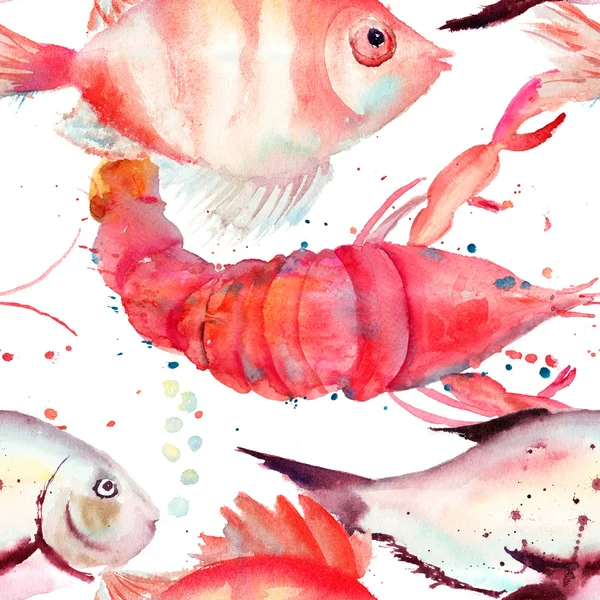 Watercolor illustration of lobster and fish — Stock Photo, Image