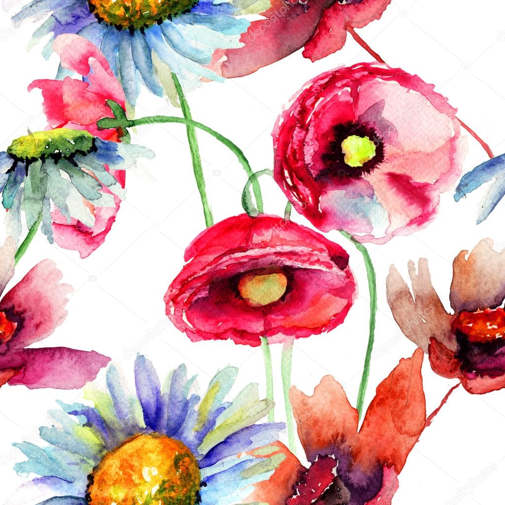 Colorful summer flowers, seamless pattern