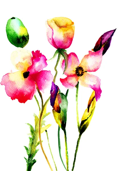 Watercolor illustration of decorative flowers — Stock Photo, Image