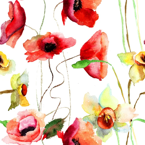 无缝模式与水仙和罂粟花朵 — 图库照片