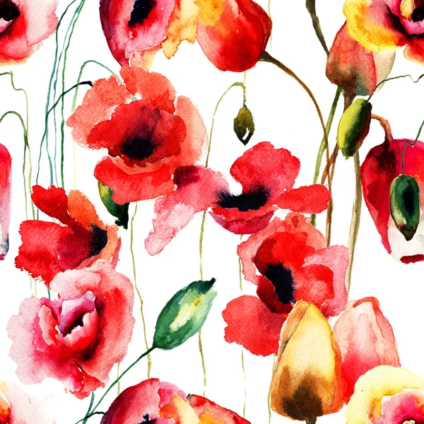 Patrón sin costuras con flores de amapola y tulipanes —  Fotos de Stock