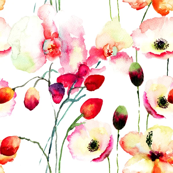 Seamless pattern with Pink orchids and Poppy flowers — Stock Photo, Image