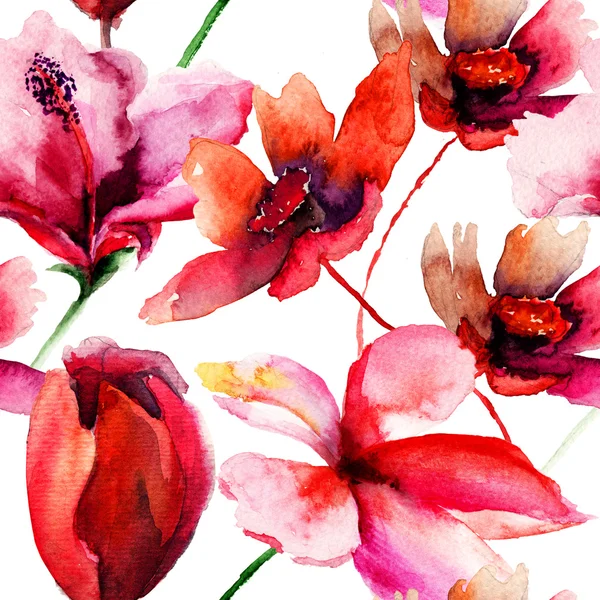 赤い花を持つシームレスな壁紙 — ストック写真