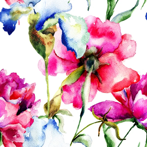 牡丹、アイリスの花のシームレスな壁紙 — ストック写真