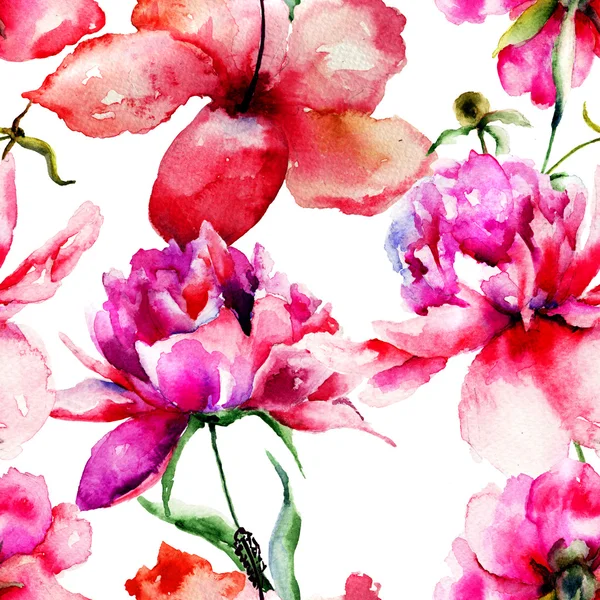 Modello senza soluzione di continuità con Lily e Peony fiori illustrazione — Foto Stock