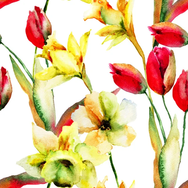 Seamless pattern with Narcissus and Tulips flowers — Stock Photo, Image