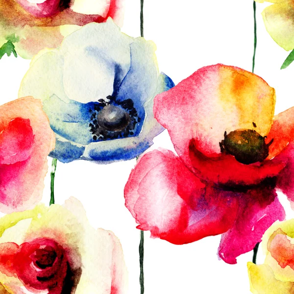 Stylized Poppy and Rose flowers illustration — Stock fotografie