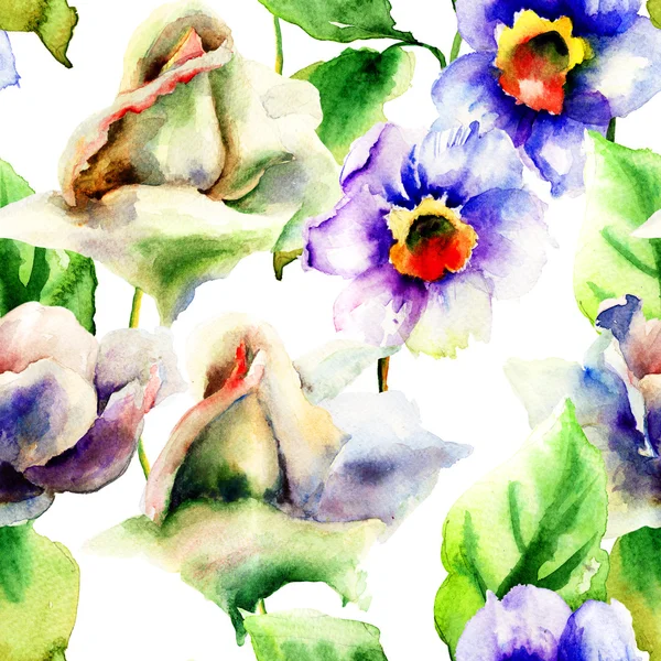 Watercolor painting with Roses and Narcissus flowers