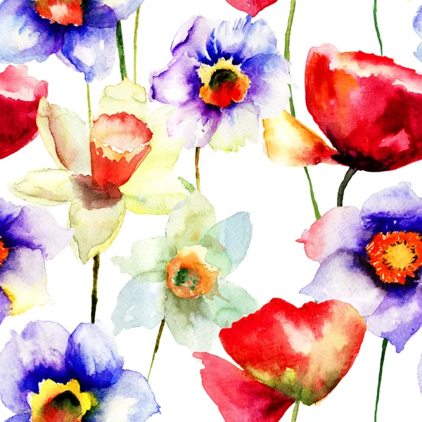 程式化的水仙花和罂粟花插图 — 图库照片
