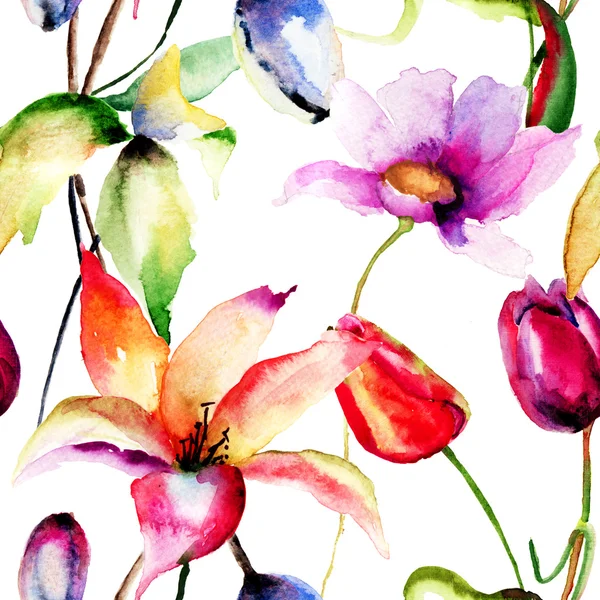 Watercolor painting of Tulips and Lily flowers — Stock Photo, Image