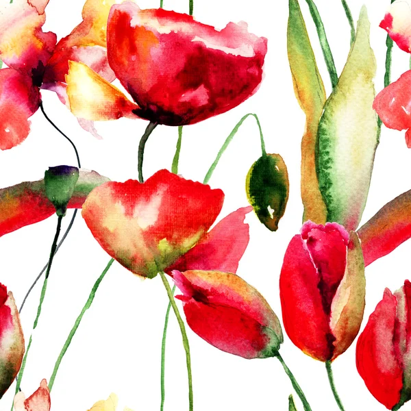 Ilustración de tulipanes estilizados y flores de amapola —  Fotos de Stock