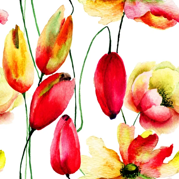 Watercolor illustration of Tulips an Gerbera flowers — Stock Photo, Image