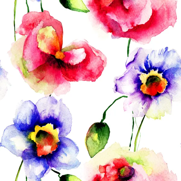 水仙とポピーの花とのシームレスな壁紙 — ストック写真