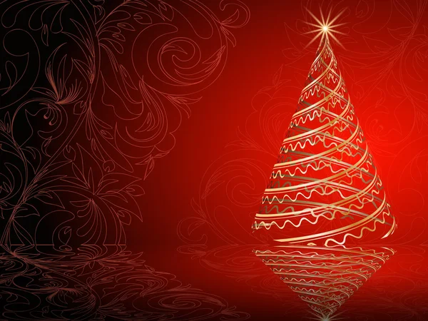 Vector estilizado árbol de Navidad de oro sobre fondo floral decorativo — Vector de stock