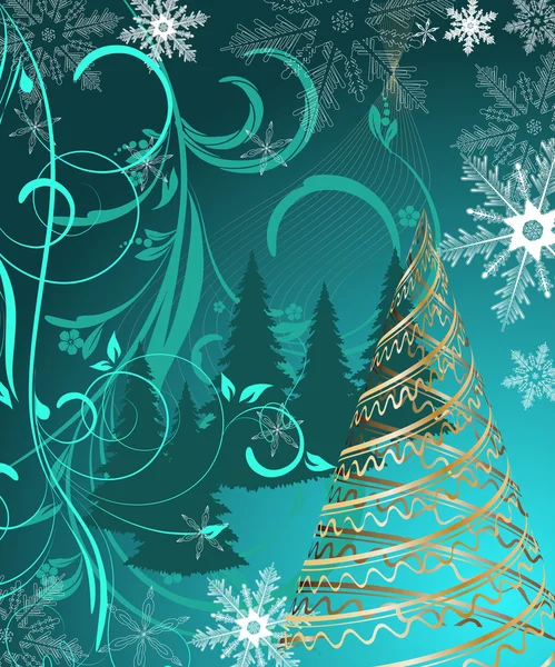 Stiliserad vektor guld julgran på dekorativ bakgrund — Stock vektor
