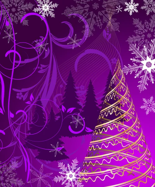 Stylized vector gold Christmas tree on decorative background — Stock Vector