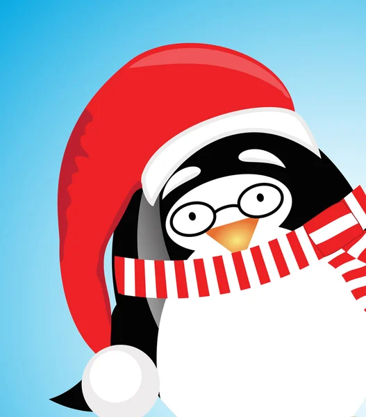 Vector lindo pingüino de Santa Claus sobre fondo azul — Vector de stock