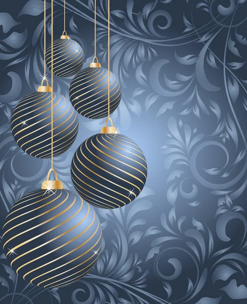 Pelotas de Navidad estilizadas sobre fondo floral decorativo — Vector de stock