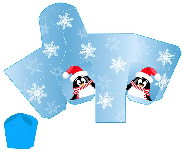 Stilisierte Weihnachtsschachtel mit Pinguin-Weihnachtsmann-Vorlage — Stockvektor
