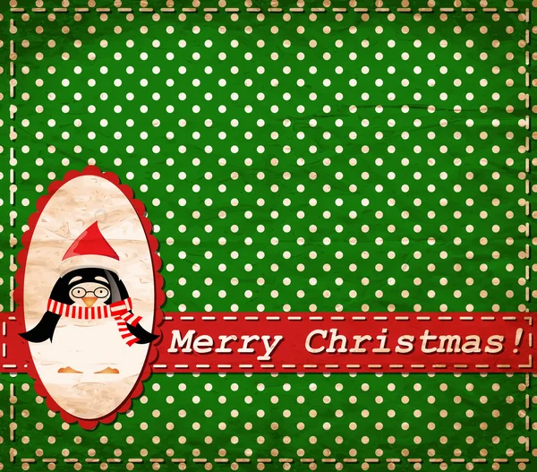 Vector Santa Claus penguin vintage Christmas card — Stock Vector
