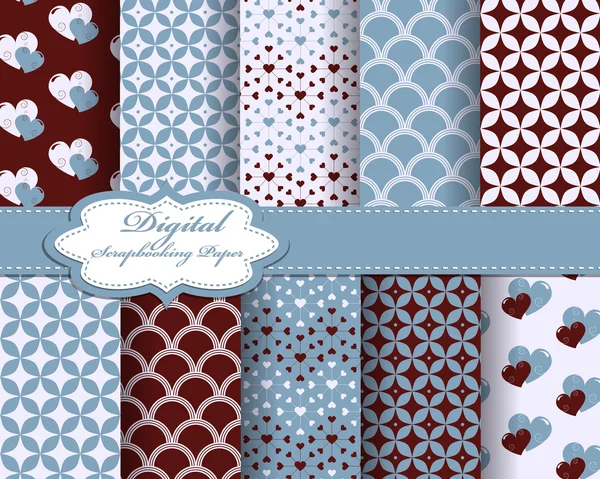 Set of vector heart Valentines day pattern paper for scrapbook — Stock Vector