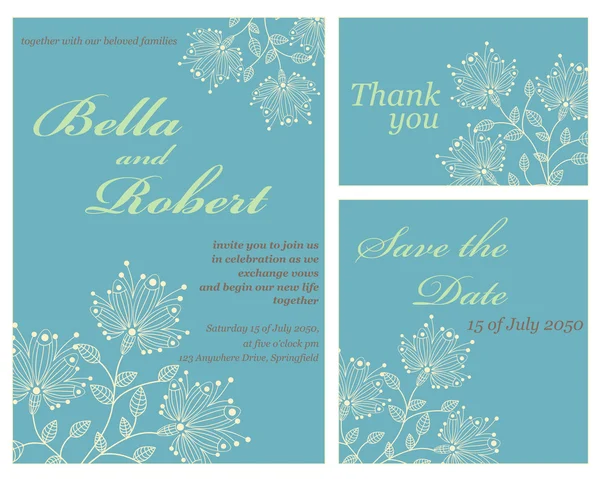 結婚式の招待カードのセットです。抽象的なベクトルの花パタパタ — ストックベクタ
