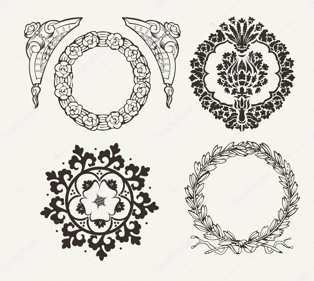 Set Of Four Circle Frames And Vintage Design Elements