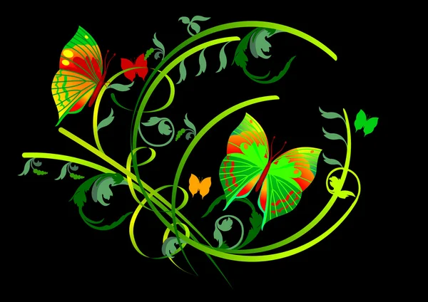 蝴蝶和植物的卷轴 — 图库矢量图片