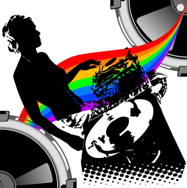 Chica DJ y Rainbow Música . — Vector de stock