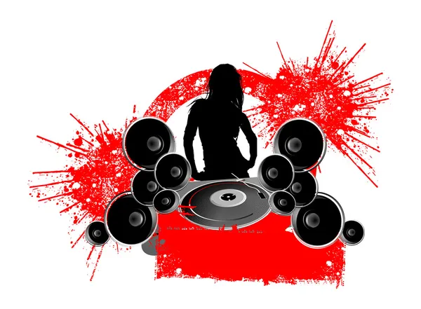 Girl Silhouette Turntable and Sound. — Stock Vector