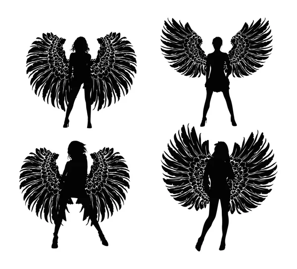 Four Silhouette Winged Girls Angels — Stock Vector