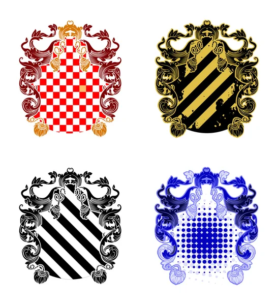 Quatro escudos ornamentados e Grunge — Vetor de Stock