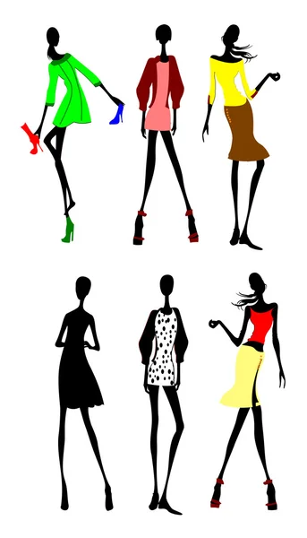 Six Fashion Girls Silhouette. — Stock Vector